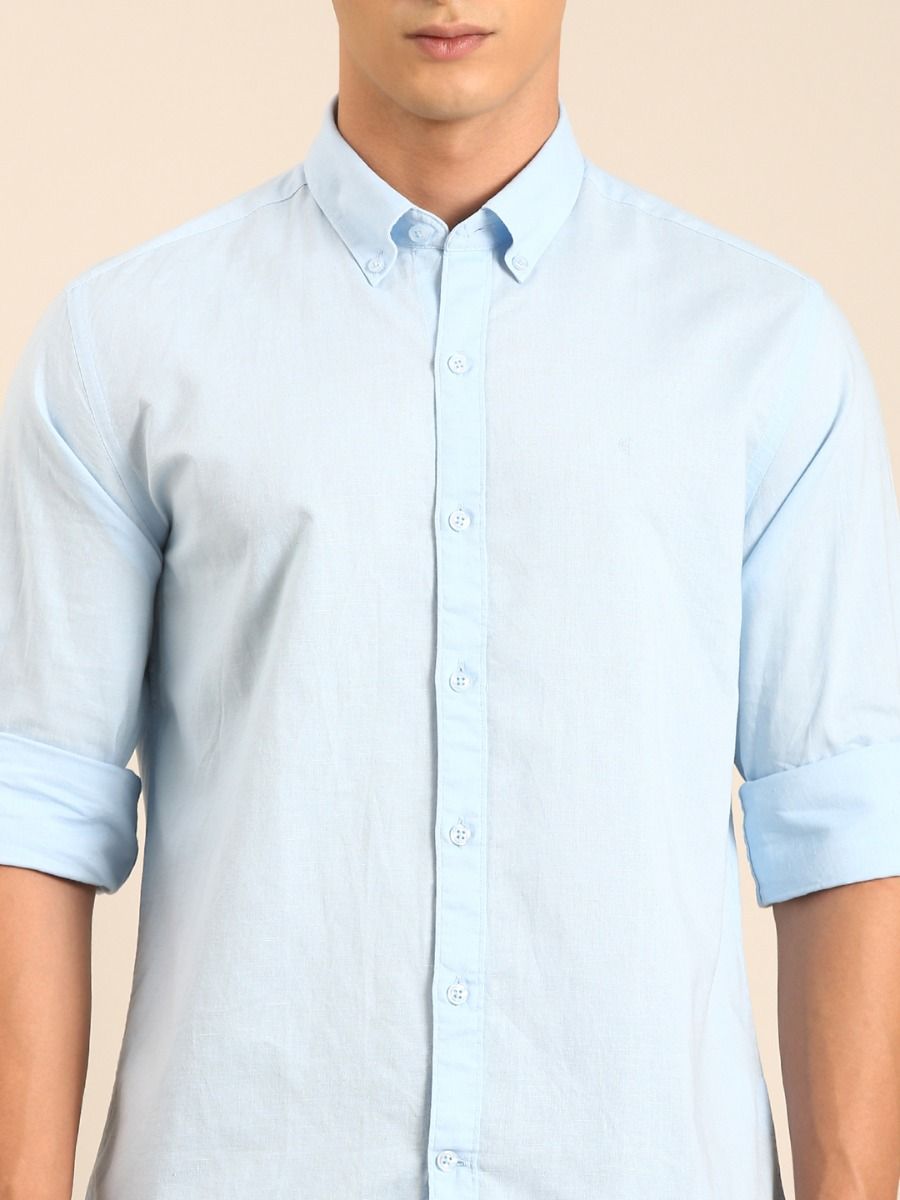 CAVALLO by Linen Club Men's Blended Linen Light Blue Solid Contemporary Fit Full Sleeve Casual Shirt