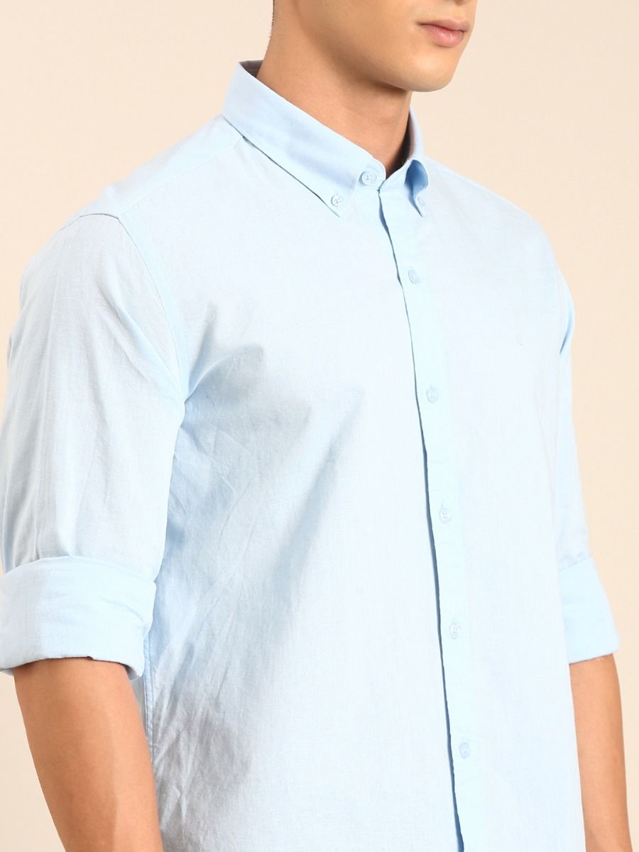 CAVALLO by Linen Club Men's Blended Linen Light Blue Solid Contemporary Fit Full Sleeve Casual Shirt