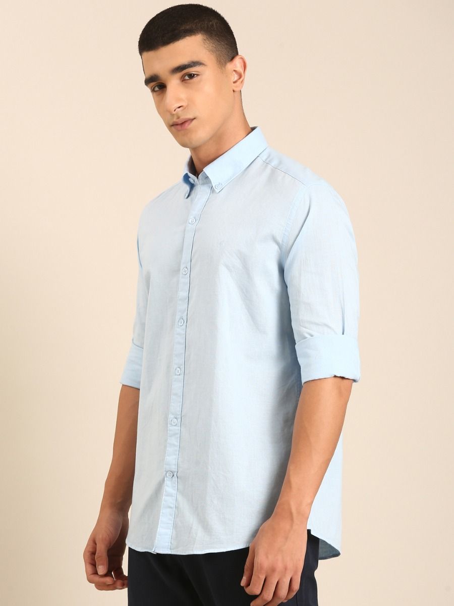 CAVALLO by Linen Club Men's Blended Linen Light Blue Solid Contemporary Fit Full Sleeve Casual Shirt