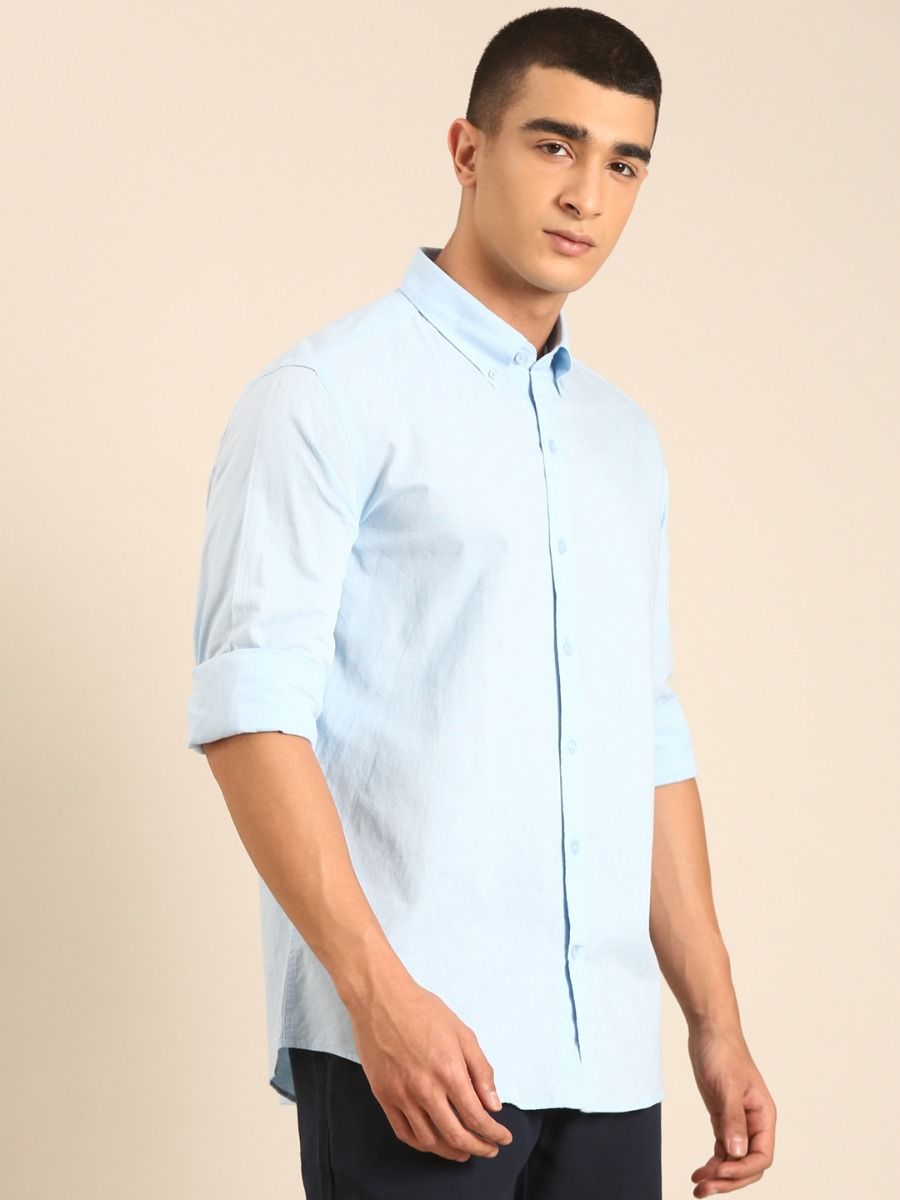 CAVALLO by Linen Club Men's Blended Linen Light Blue Solid Contemporary Fit Full Sleeve Casual Shirt