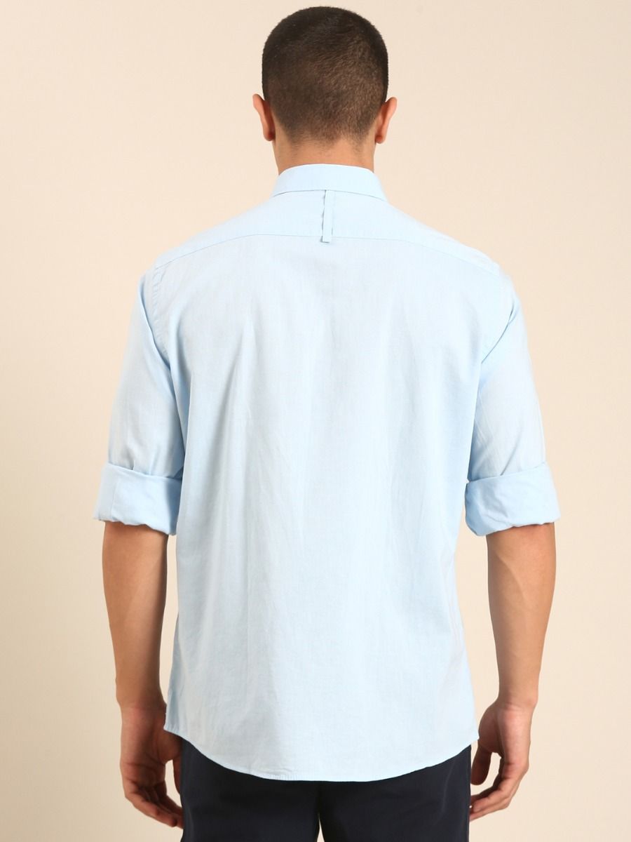 CAVALLO by Linen Club Men's Blended Linen Light Blue Solid Contemporary Fit Full Sleeve Casual Shirt
