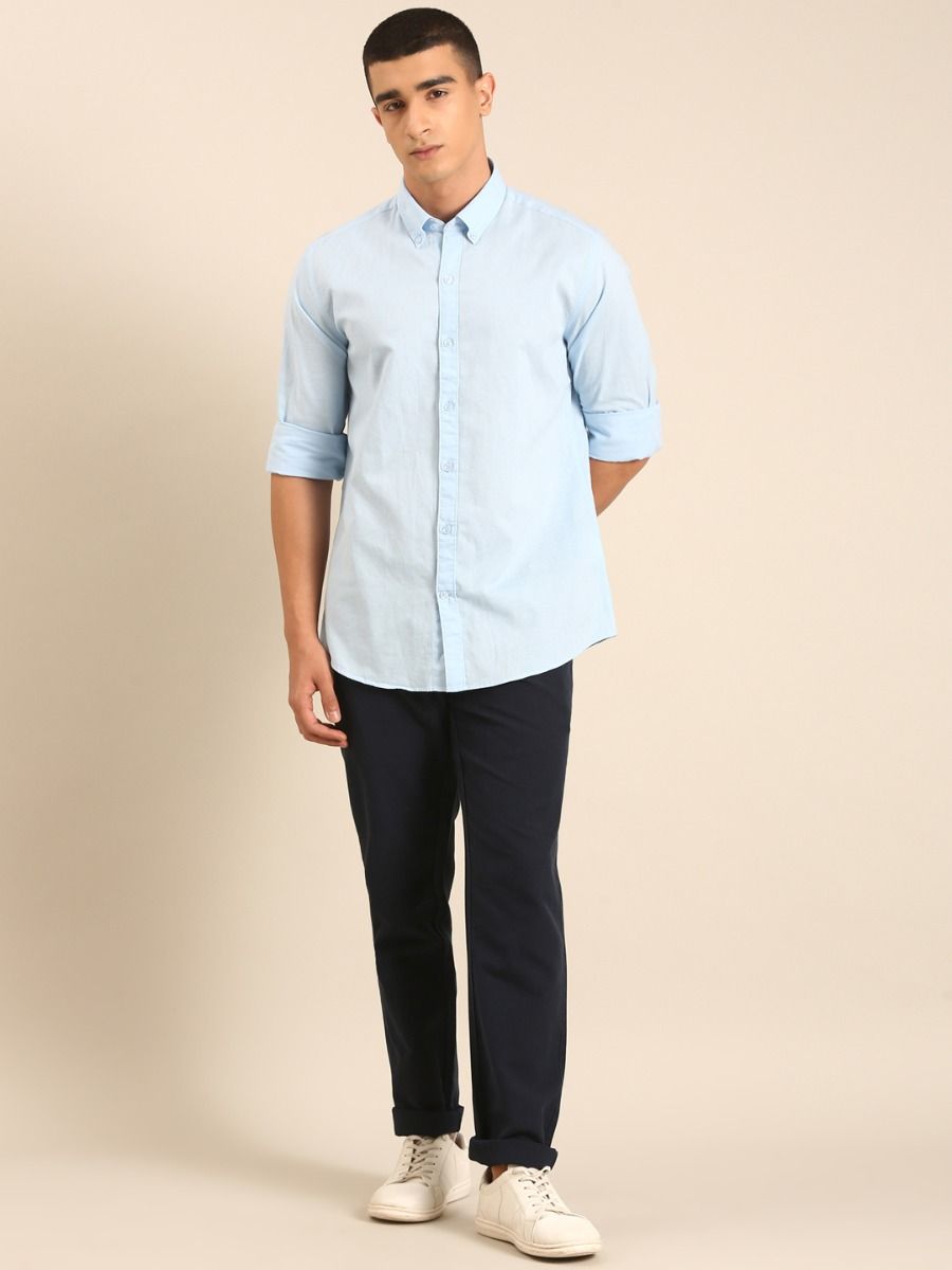 CAVALLO by Linen Club Men's Blended Linen Light Blue Solid Contemporary Fit Full Sleeve Casual Shirt