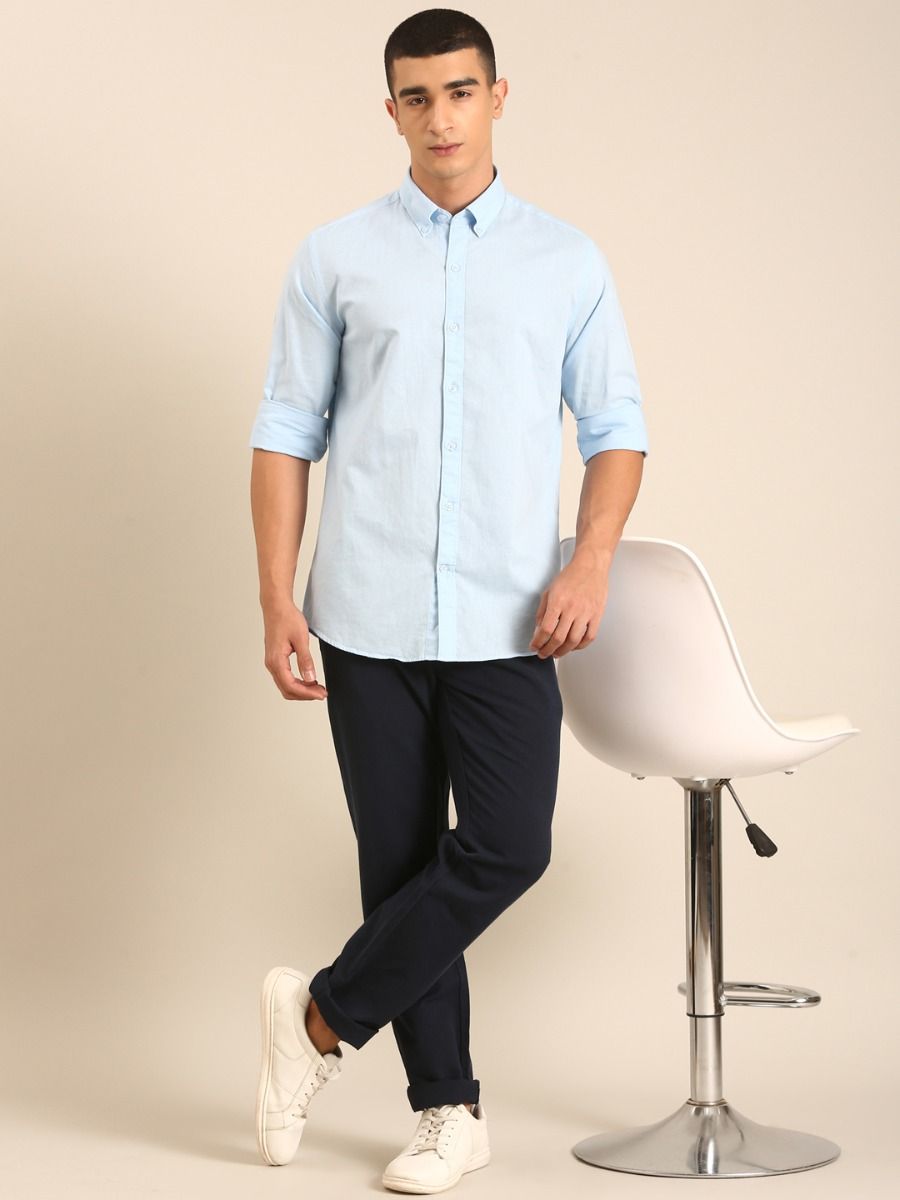 CAVALLO by Linen Club Men's Blended Linen Light Blue Solid Contemporary Fit Full Sleeve Casual Shirt