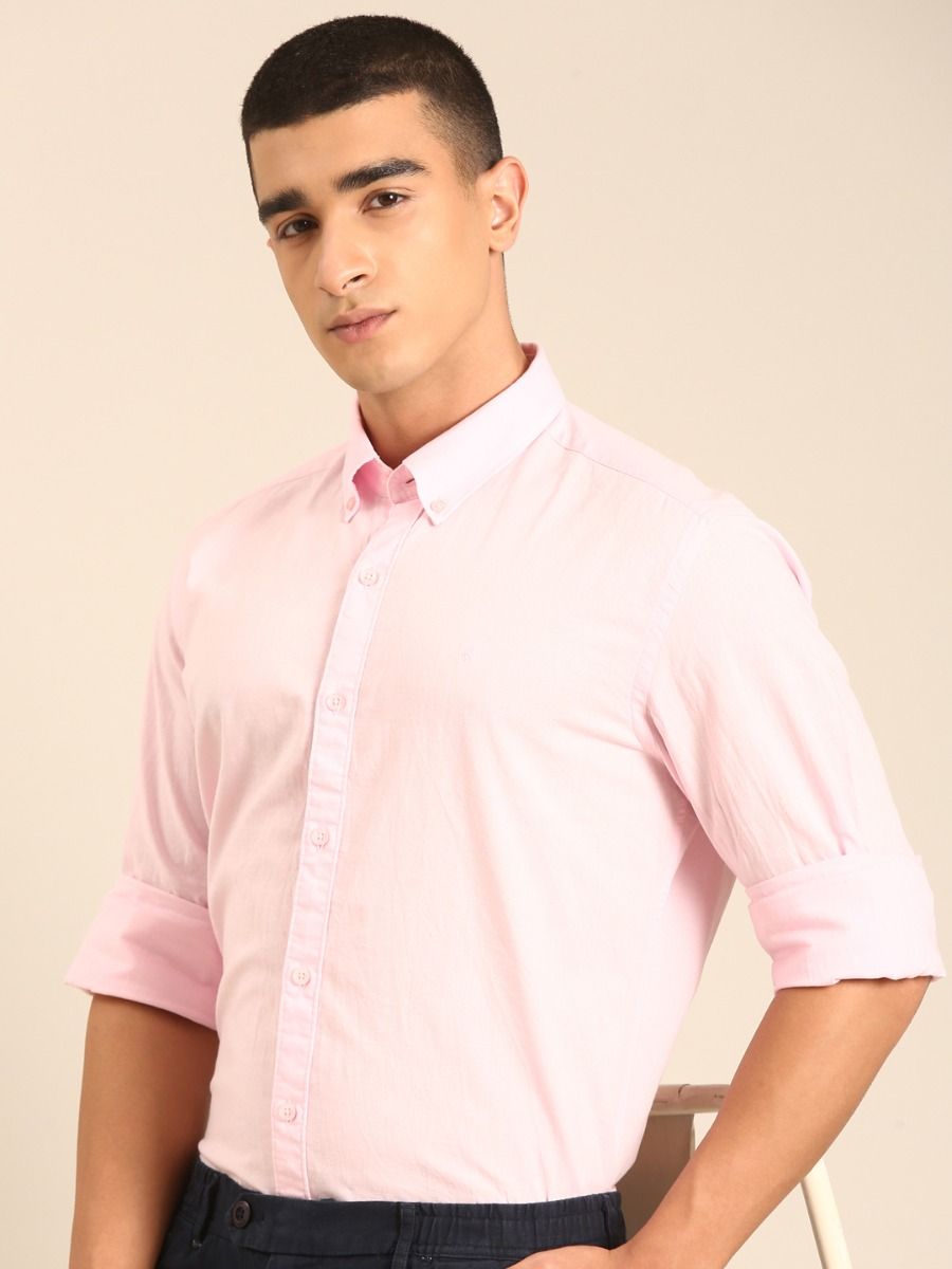 CAVALLO by Linen Club Men's Blended Linen Light Pink Solid Contemporary Fit Full Sleeve Casual Shirt