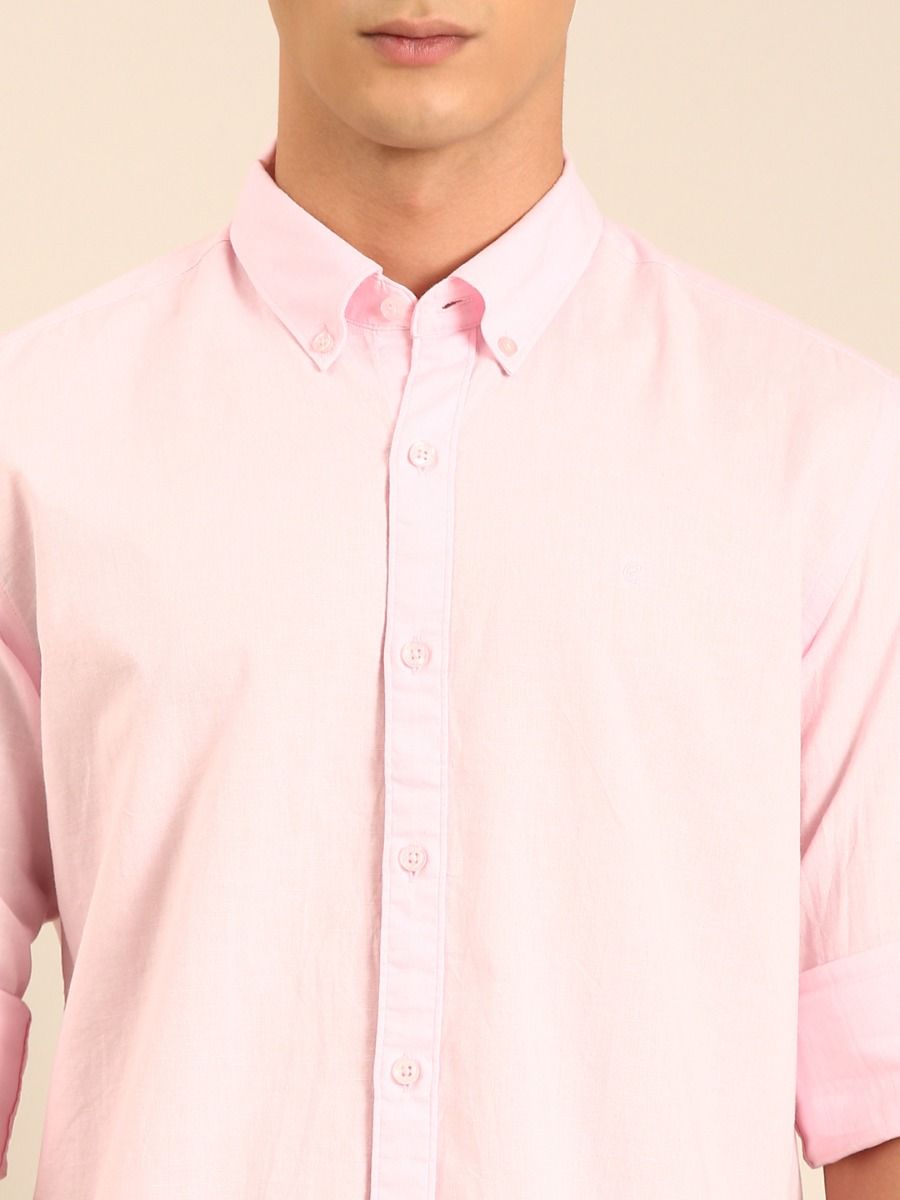 CAVALLO by Linen Club Men's Blended Linen Light Pink Solid Contemporary Fit Full Sleeve Casual Shirt