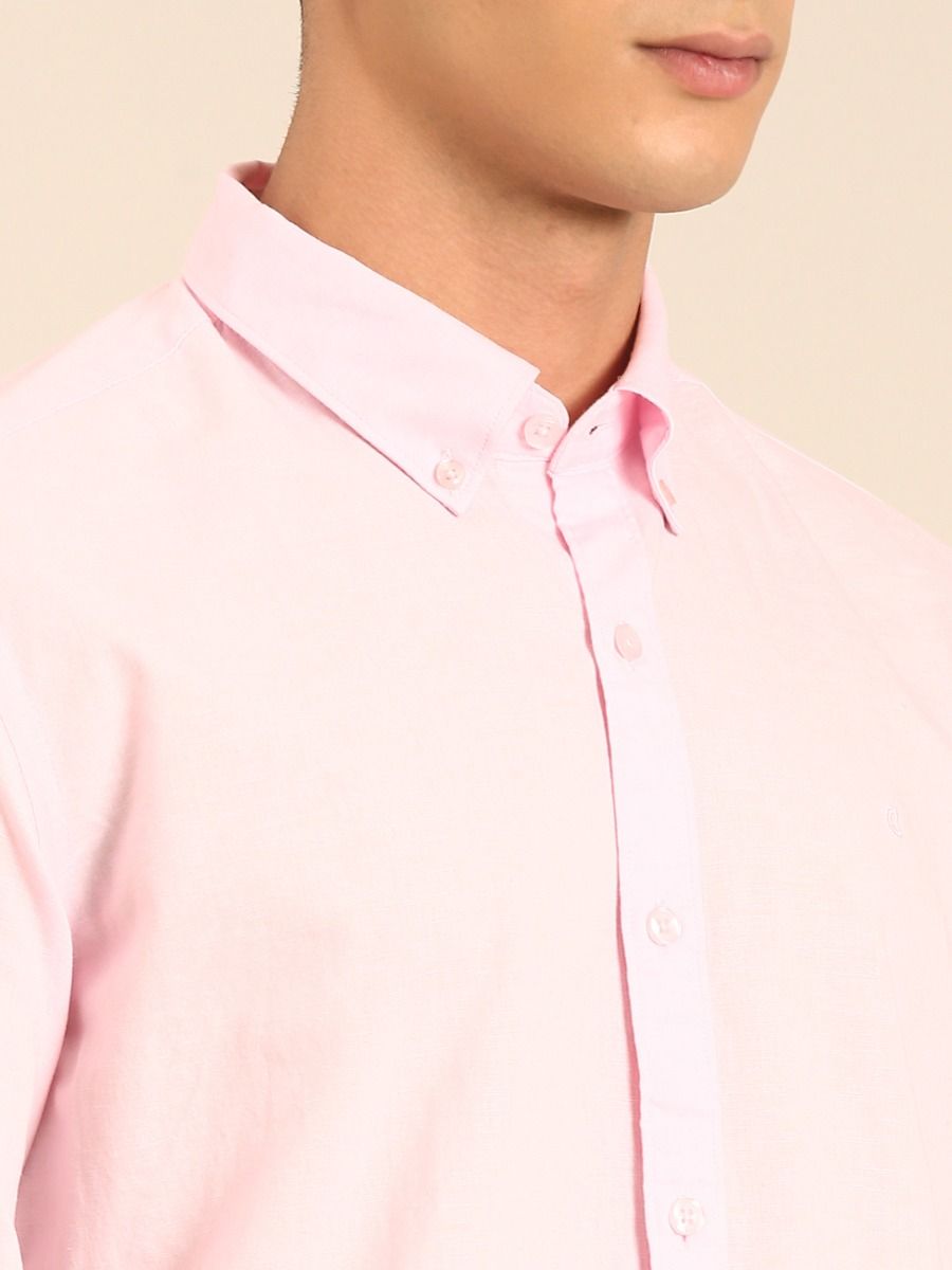 CAVALLO by Linen Club Men's Blended Linen Light Pink Solid Contemporary Fit Full Sleeve Casual Shirt