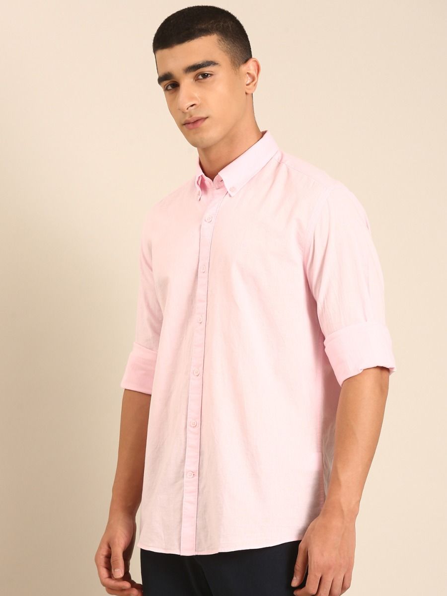 CAVALLO by Linen Club Men's Blended Linen Light Pink Solid Contemporary Fit Full Sleeve Casual Shirt