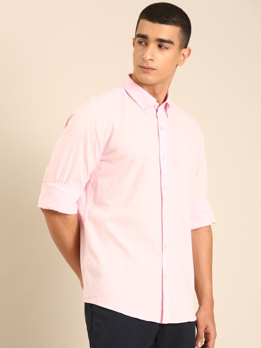 CAVALLO by Linen Club Men's Blended Linen Light Pink Solid Contemporary Fit Full Sleeve Casual Shirt