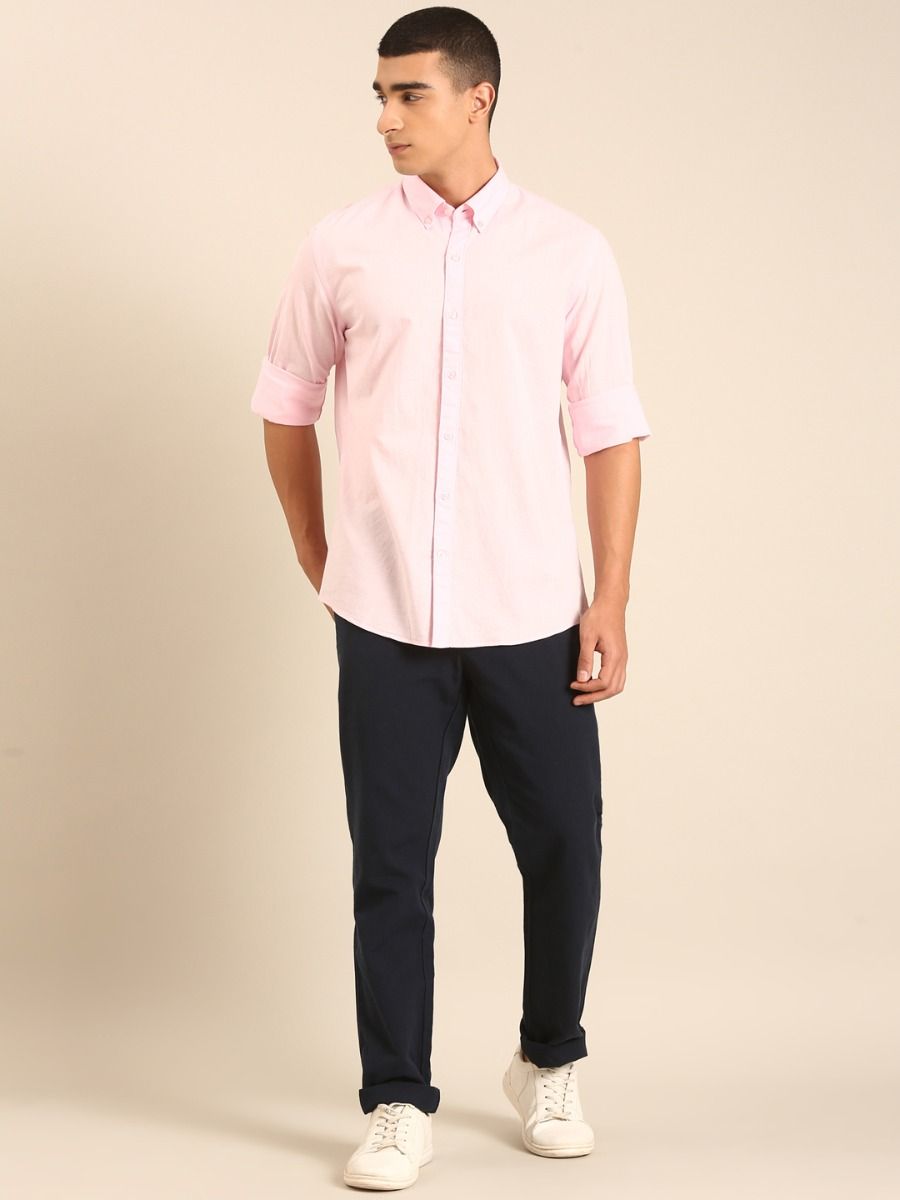CAVALLO by Linen Club Men's Blended Linen Light Pink Solid Contemporary Fit Full Sleeve Casual Shirt