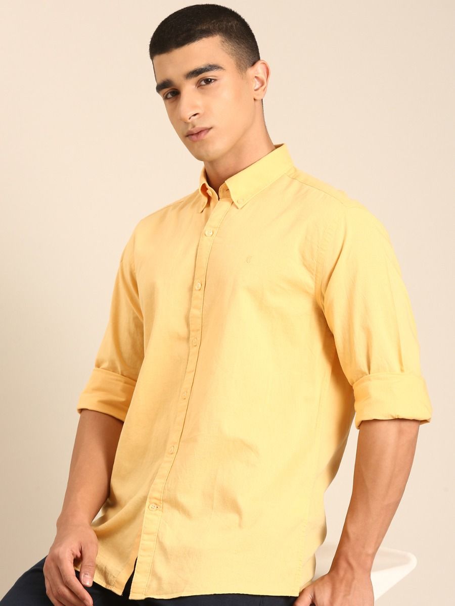 CAVALLO by Linen Club Men's Blended Linen Yellow Solid Contemporary Fit Full Sleeve Casual Shirt