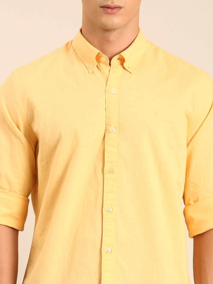 CAVALLO by Linen Club Men's Blended Linen Yellow Solid Contemporary Fit Full Sleeve Casual Shirt