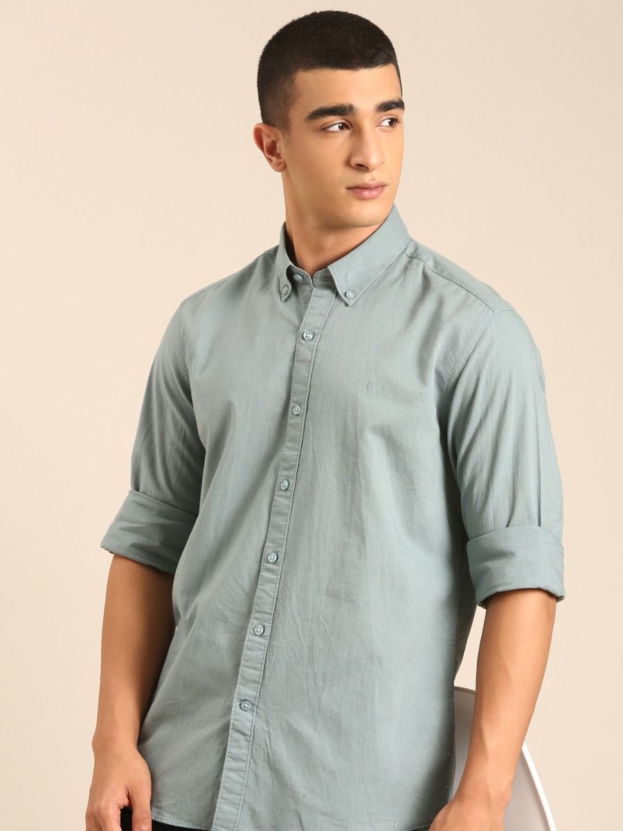 CAVALLO by Linen Club Men's Blended Linen Sage Green Solid Contemporary Fit Full Sleeve Casual Shirt