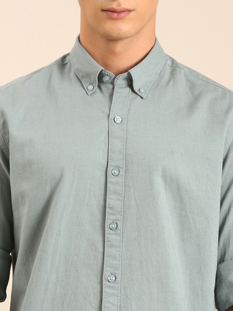 CAVALLO by Linen Club Men's Blended Linen Sage Green Solid Contemporary Fit Full Sleeve Casual Shirt
