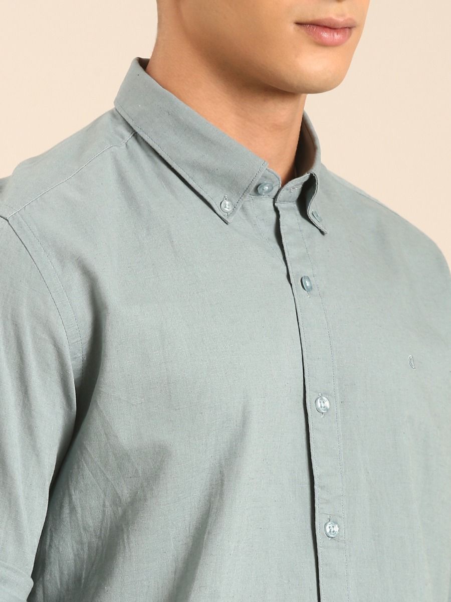 CAVALLO by Linen Club Men's Blended Linen Sage Green Solid Contemporary Fit Full Sleeve Casual Shirt