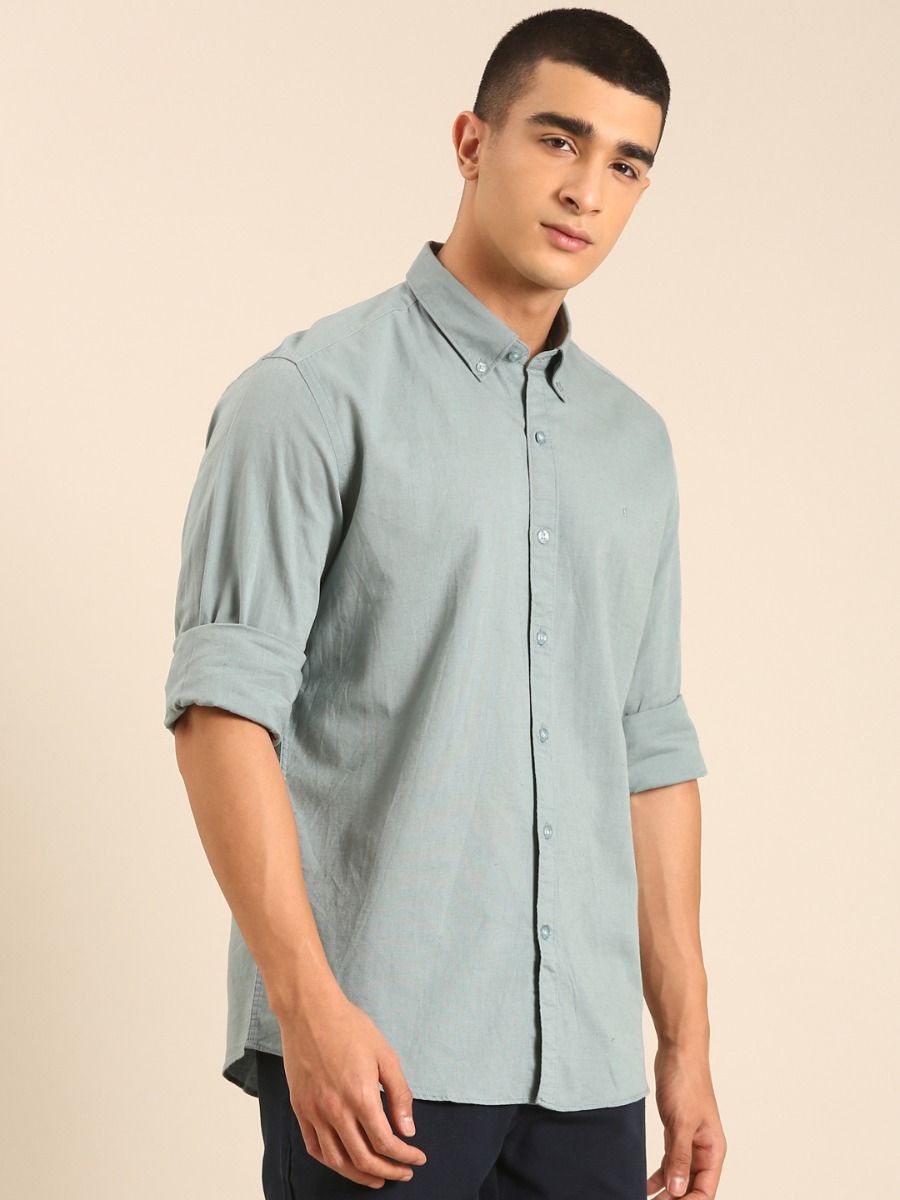 CAVALLO by Linen Club Men's Blended Linen Sage Green Solid Contemporary Fit Full Sleeve Casual Shirt
