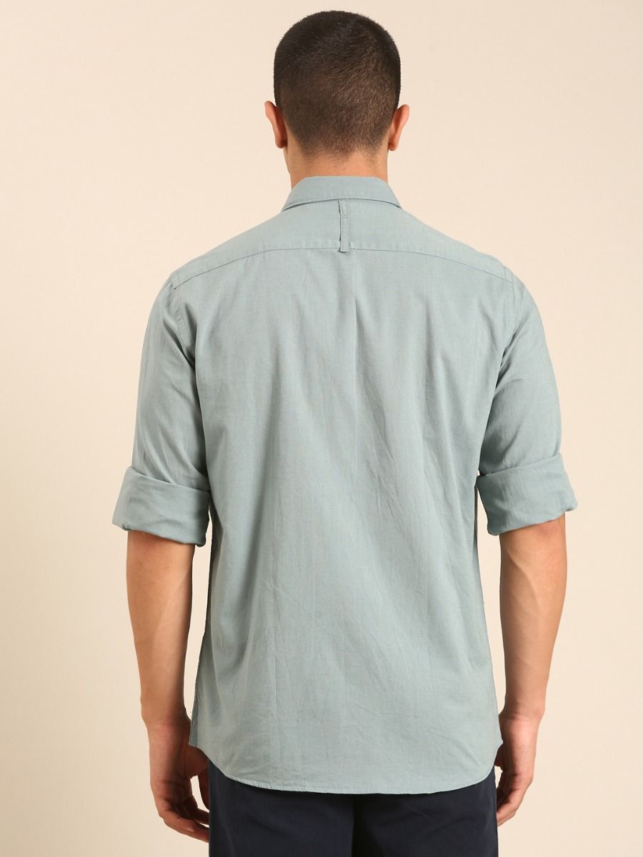 CAVALLO by Linen Club Men's Blended Linen Sage Green Solid Contemporary Fit Full Sleeve Casual Shirt