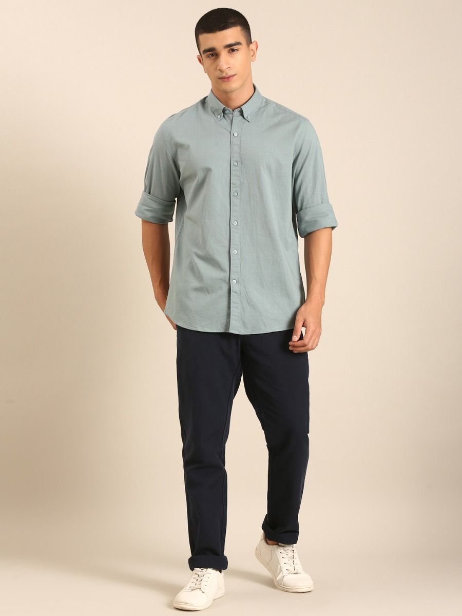 CAVALLO by Linen Club Men's Blended Linen Sage Green Solid Contemporary Fit Full Sleeve Casual Shirt