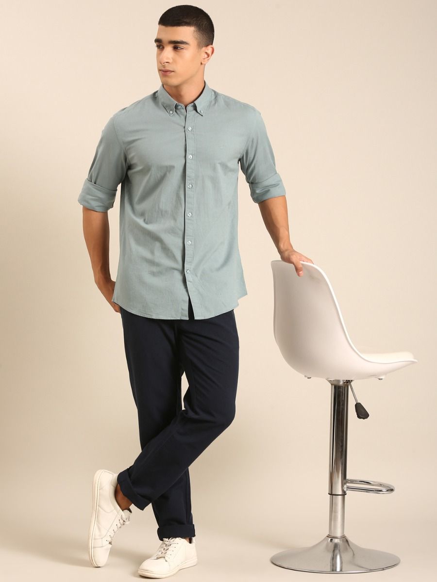 CAVALLO by Linen Club Men's Blended Linen Sage Green Solid Contemporary Fit Full Sleeve Casual Shirt