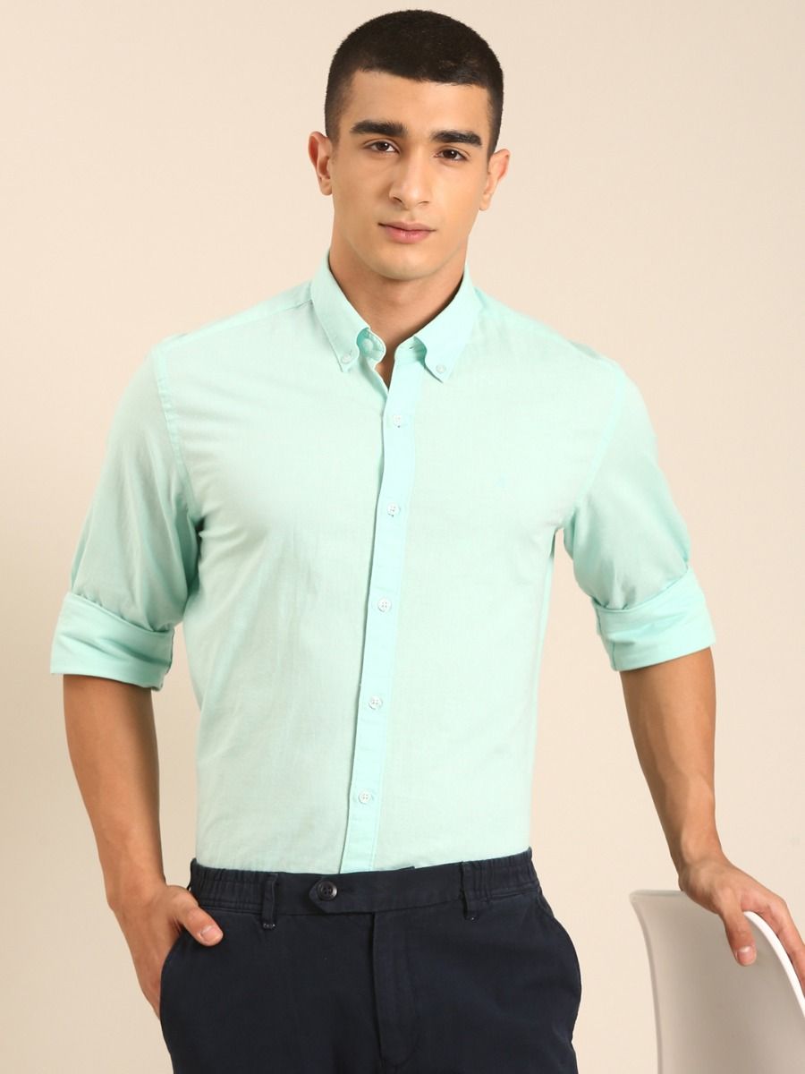 CAVALLO by Linen Club Men's Blended Linen Mint Green Solid Contemporary Fit Full Sleeve Casual Shirt