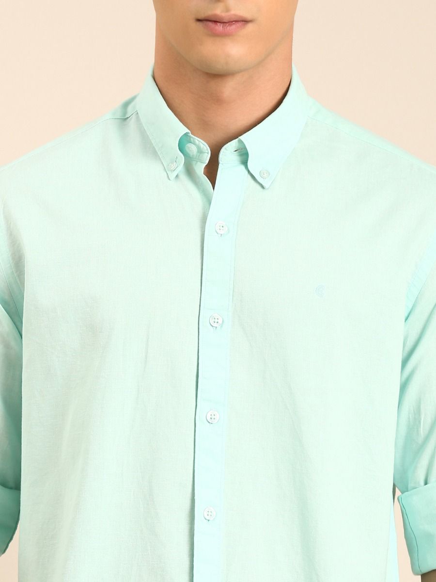 CAVALLO by Linen Club Men's Blended Linen Mint Green Solid Contemporary Fit Full Sleeve Casual Shirt