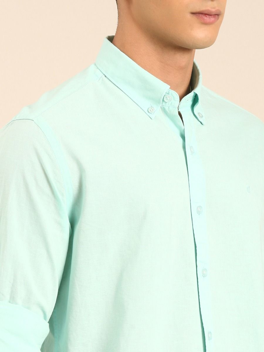 CAVALLO by Linen Club Men's Blended Linen Mint Green Solid Contemporary Fit Full Sleeve Casual Shirt