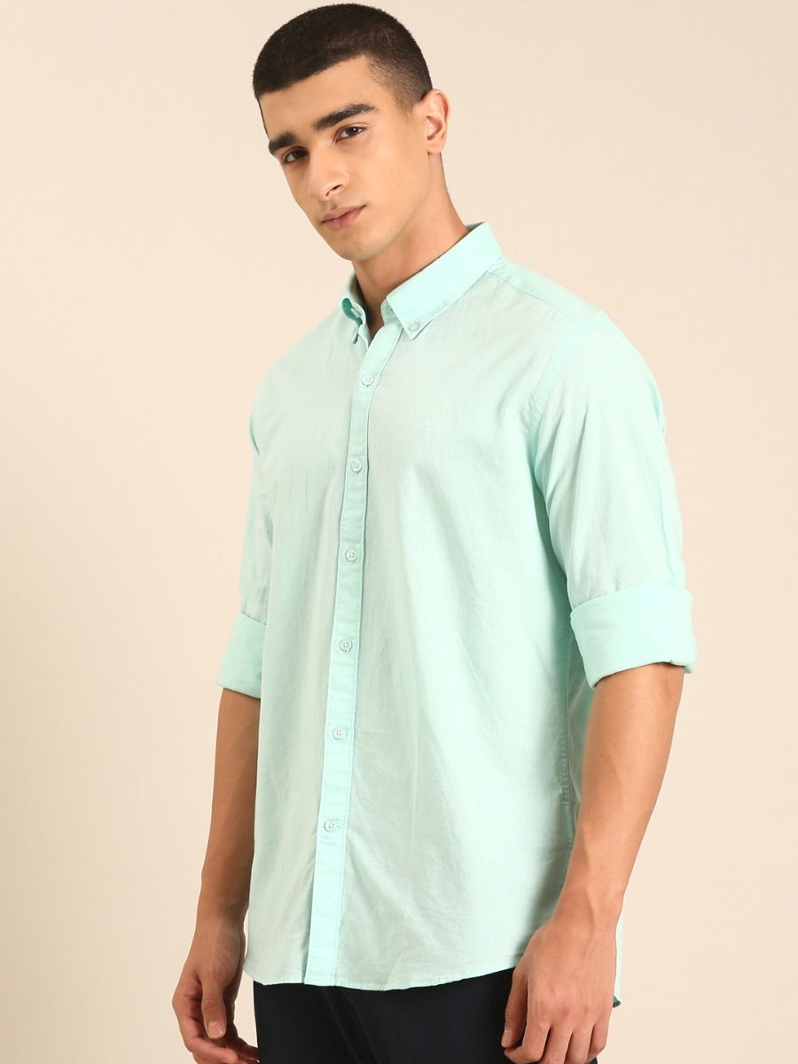 CAVALLO by Linen Club Men's Blended Linen Mint Green Solid Contemporary Fit Full Sleeve Casual Shirt