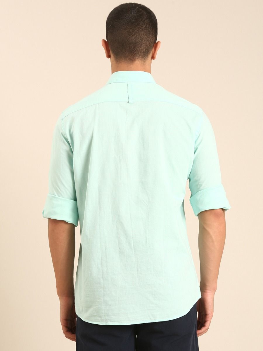 CAVALLO by Linen Club Men's Blended Linen Mint Green Solid Contemporary Fit Full Sleeve Casual Shirt