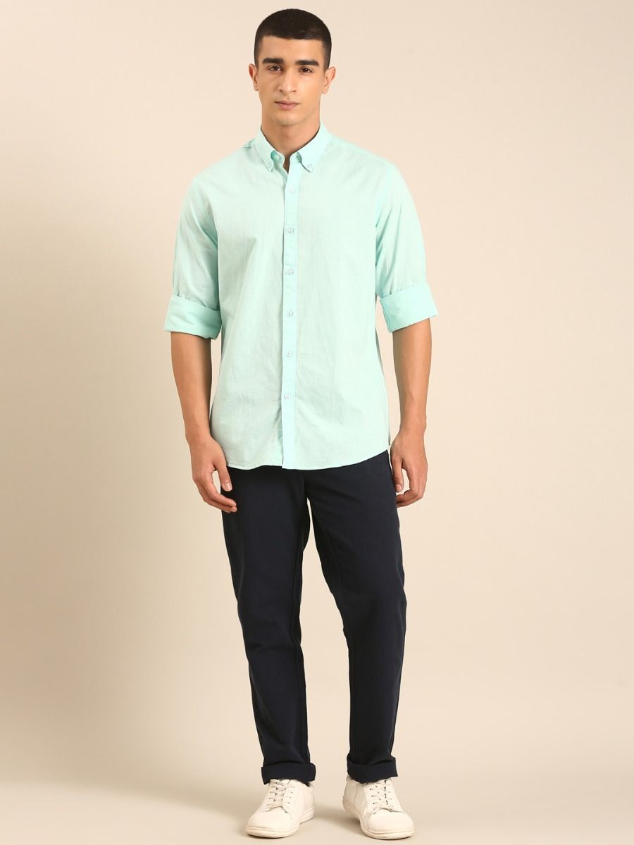 CAVALLO by Linen Club Men's Blended Linen Mint Green Solid Contemporary Fit Full Sleeve Casual Shirt
