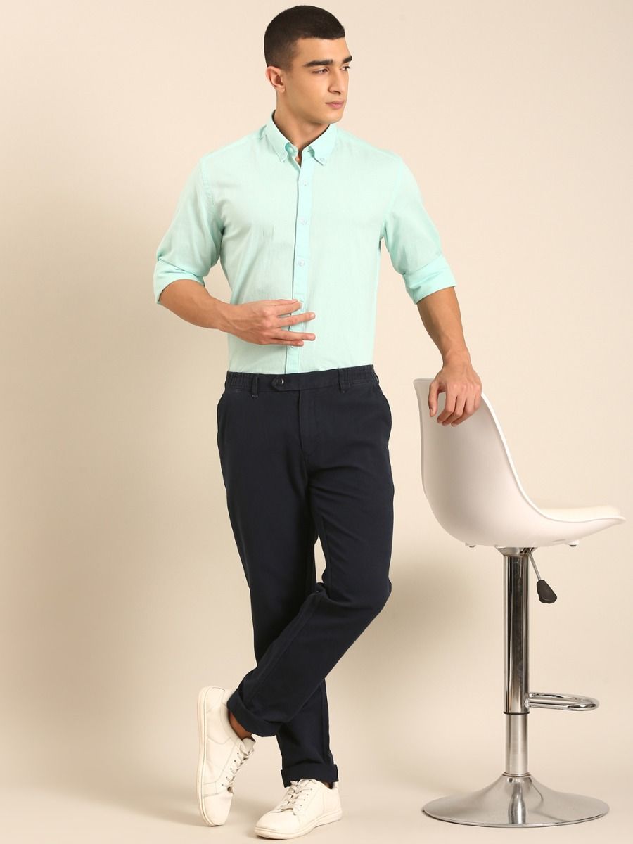 CAVALLO by Linen Club Men's Blended Linen Mint Green Solid Contemporary Fit Full Sleeve Casual Shirt