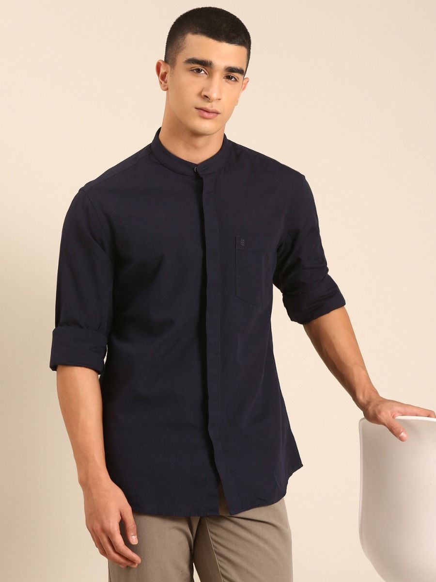 CAVALLO by Linen Club Men's Blended Linen Navy Solid Contemporary Fit Full Sleeve Casual Shirt