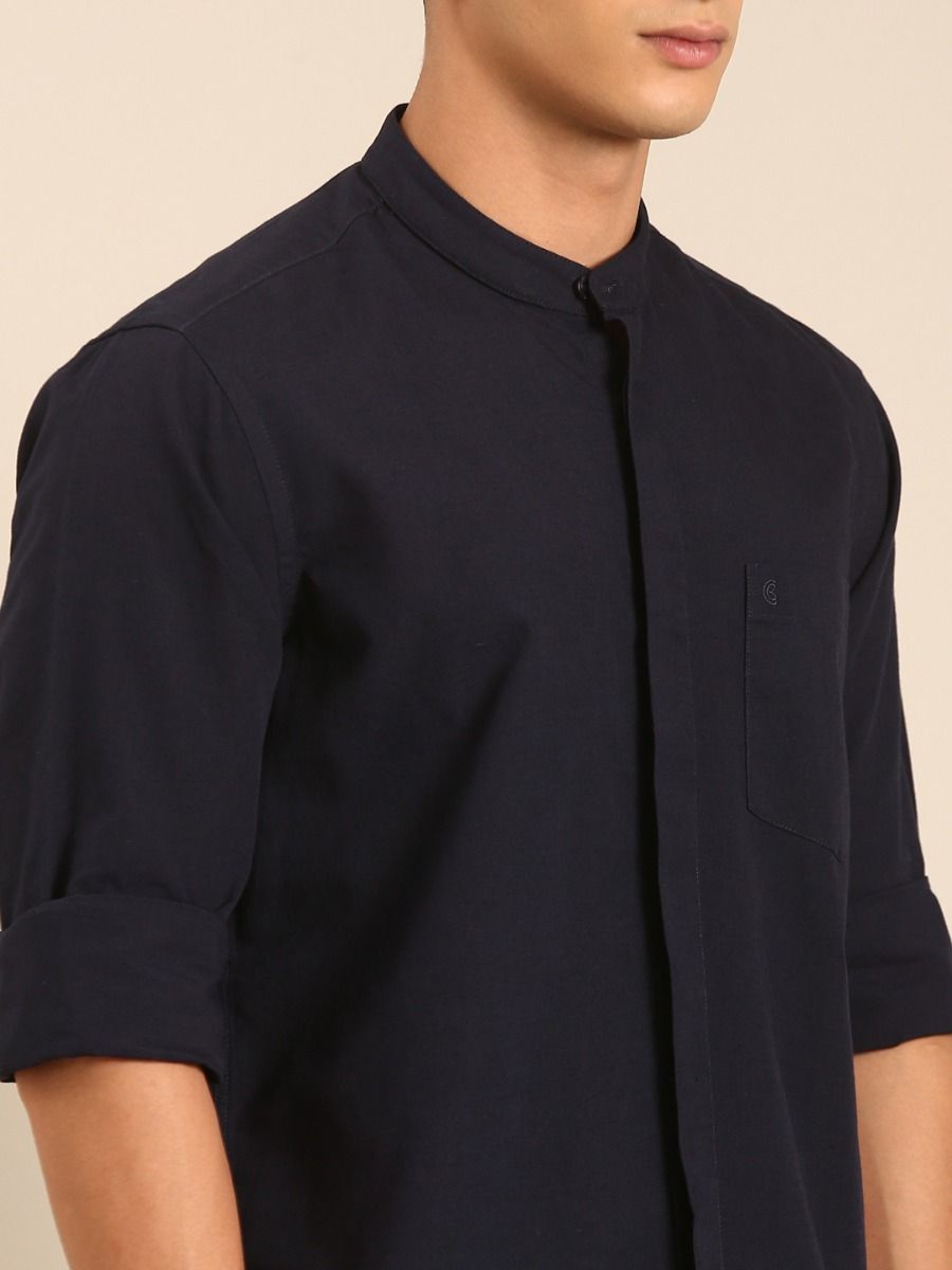 CAVALLO by Linen Club Men's Blended Linen Navy Solid Contemporary Fit Full Sleeve Casual Shirt
