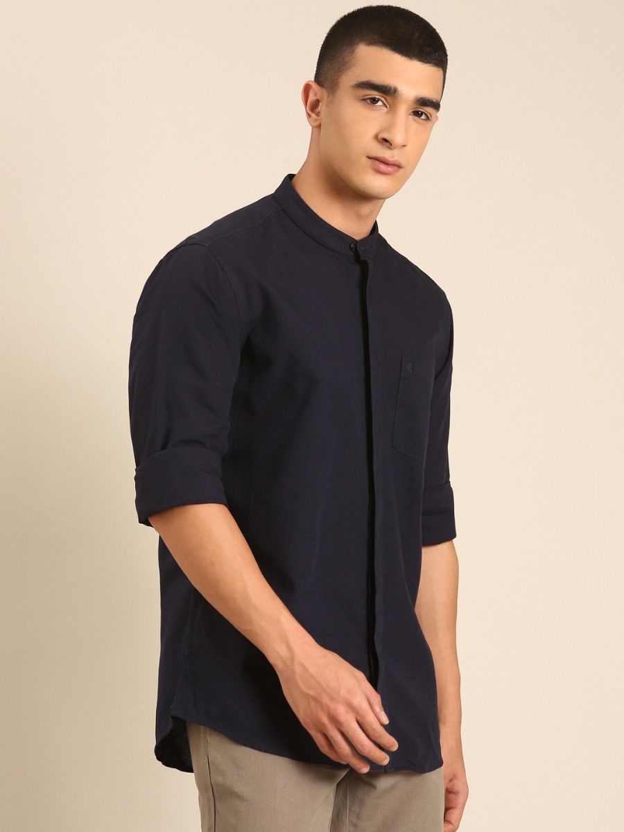 CAVALLO by Linen Club Men's Blended Linen Navy Solid Contemporary Fit Full Sleeve Casual Shirt