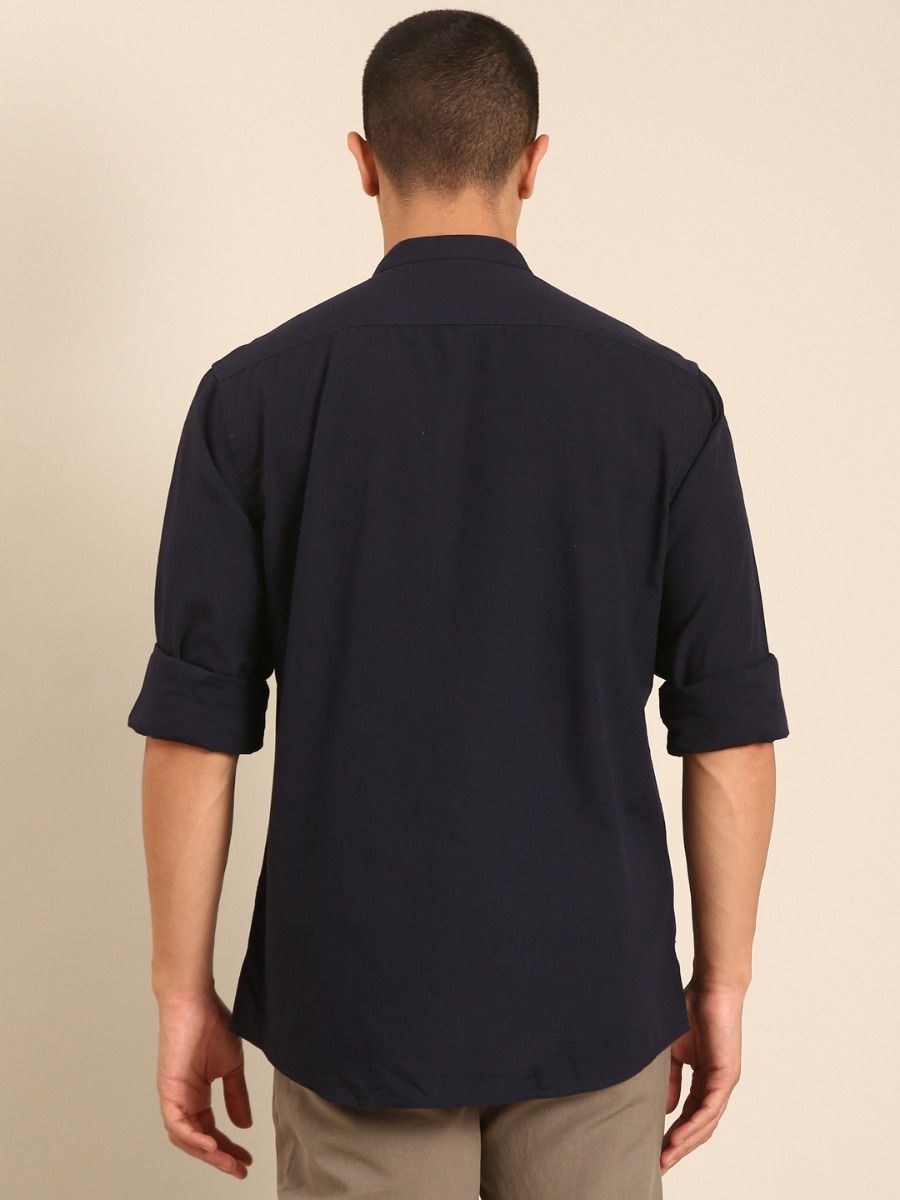 CAVALLO by Linen Club Men's Blended Linen Navy Solid Contemporary Fit Full Sleeve Casual Shirt