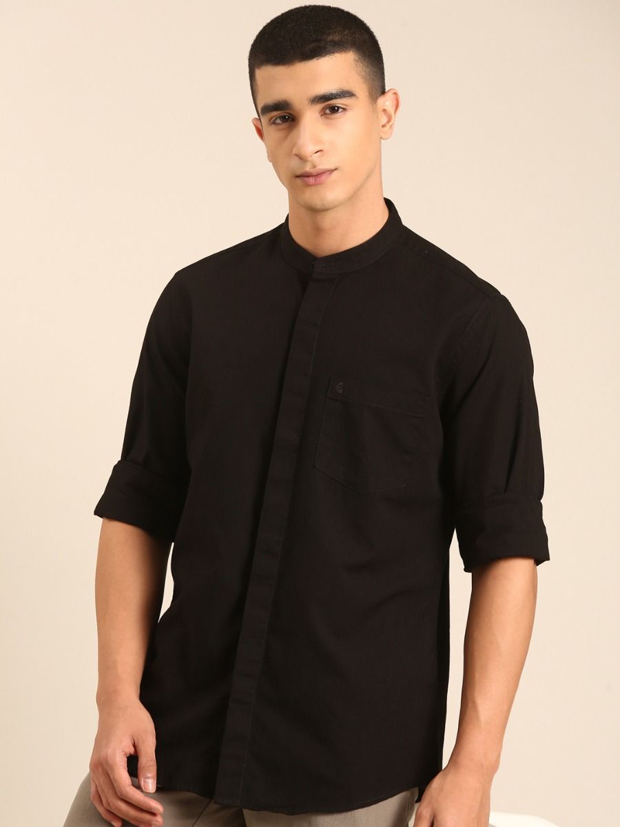 CAVALLO by Linen Club Men's Blended Linen Black Solid Contemporary Fit Full Sleeve Casual Shirt