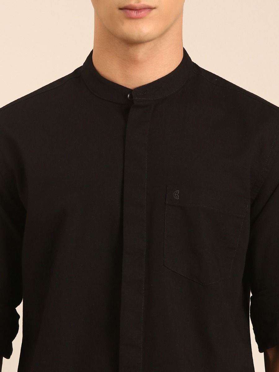 CAVALLO by Linen Club Men's Blended Linen Black Solid Contemporary Fit Full Sleeve Casual Shirt
