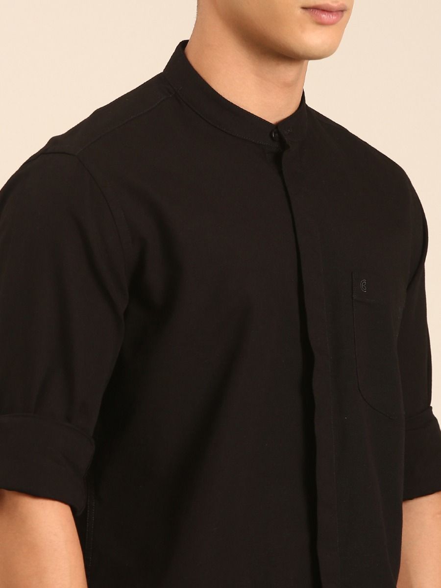 CAVALLO by Linen Club Men's Blended Linen Black Solid Contemporary Fit Full Sleeve Casual Shirt