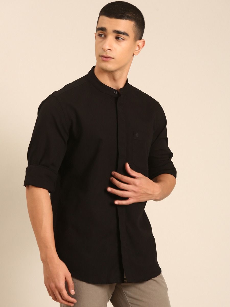 CAVALLO by Linen Club Men's Blended Linen Black Solid Contemporary Fit Full Sleeve Casual Shirt