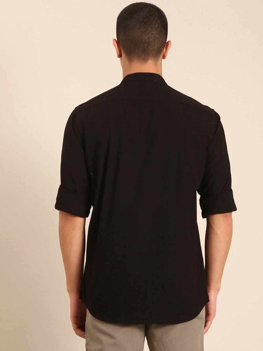 CAVALLO by Linen Club Men's Blended Linen Black Solid Contemporary Fit Full Sleeve Casual Shirt