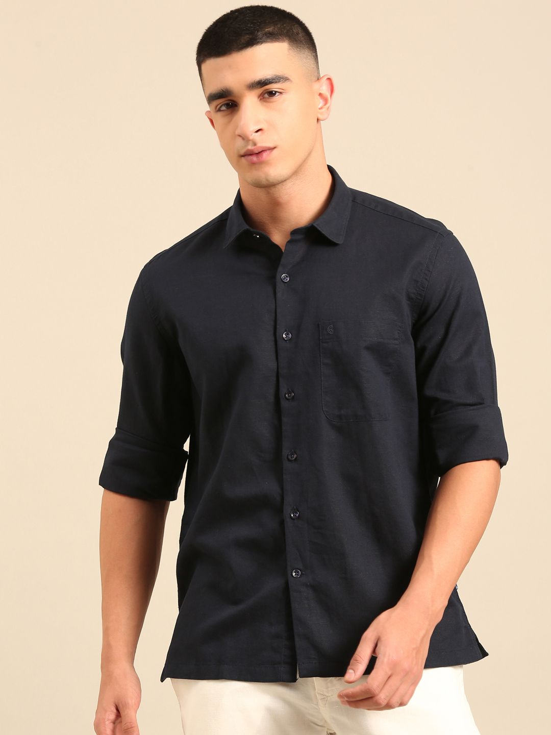 Cavallo by Linen Club Men's Contemporary Fit Linen blend Full Sleeve Solid Shirt CASFSD870O057
