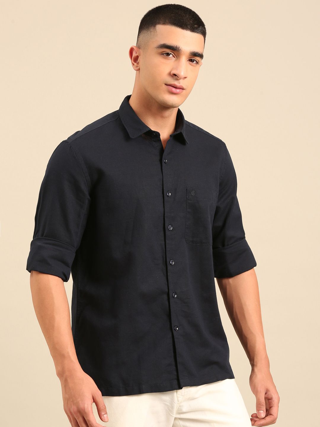 Cavallo by Linen Club Men's Contemporary Fit Linen blend Full Sleeve Solid Shirt CASFSD870O057