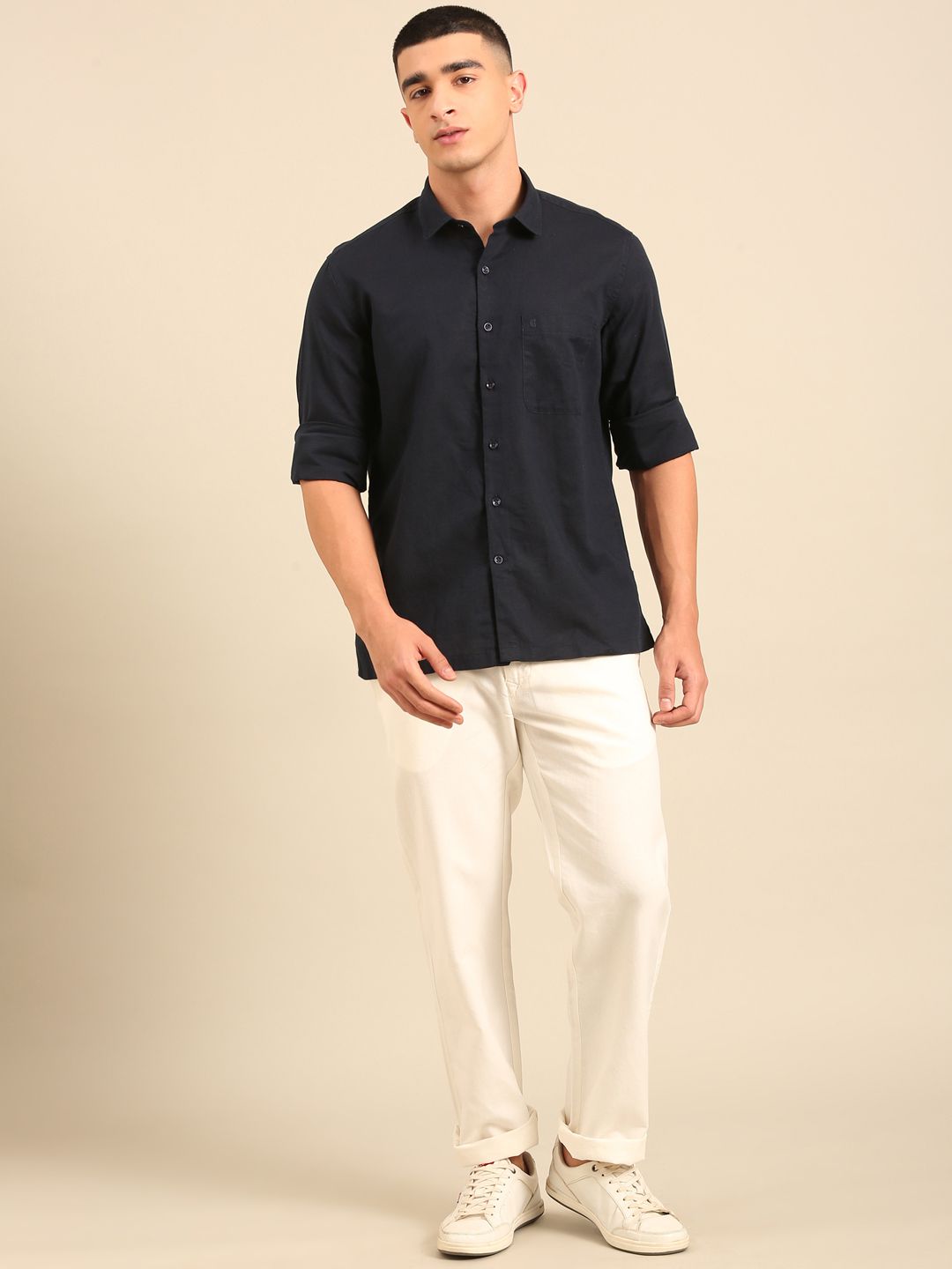 Cavallo by Linen Club Men's Contemporary Fit Linen blend Full Sleeve Solid Shirt CASFSD870O057