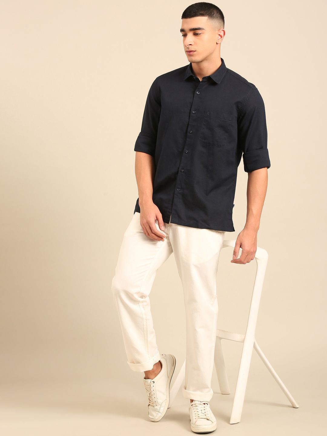Cavallo by Linen Club Men's Contemporary Fit Linen blend Full Sleeve Solid Shirt CASFSD870O057