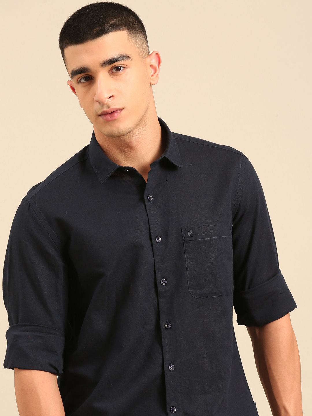 Cavallo by Linen Club Men's Contemporary Fit Linen blend Full Sleeve Solid Shirt CASFSD870O057