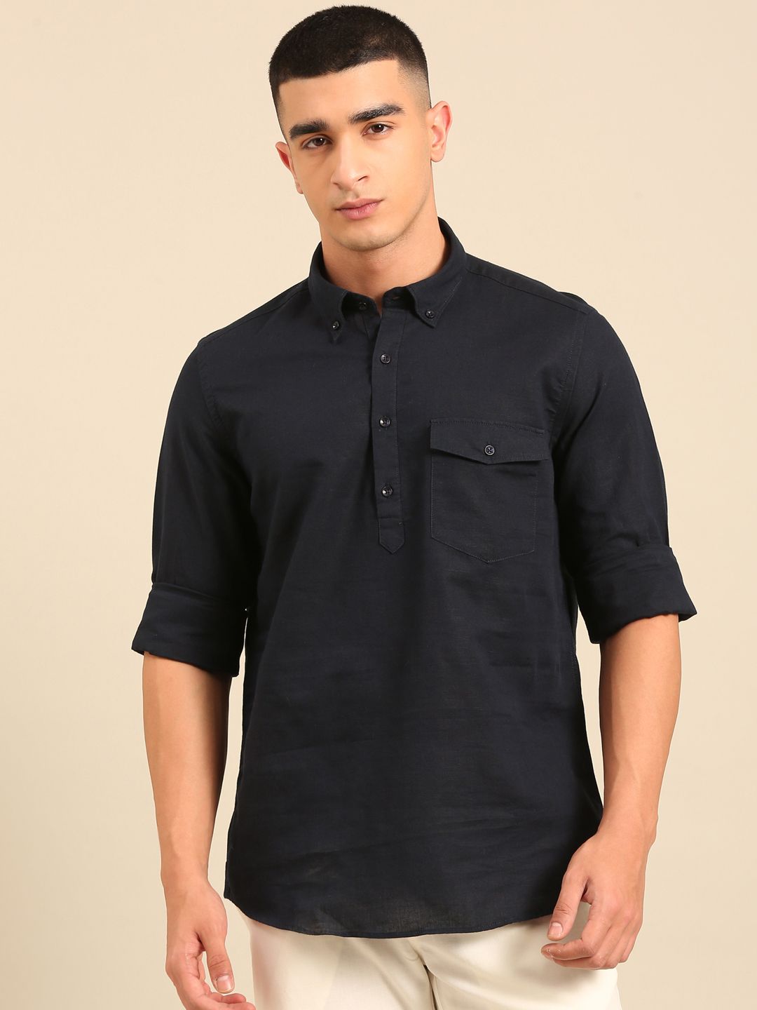Cavallo by Linen Club Men's Contemporary Fit Linen blend Full Sleeve Solid Shirt CASFSD872O077
