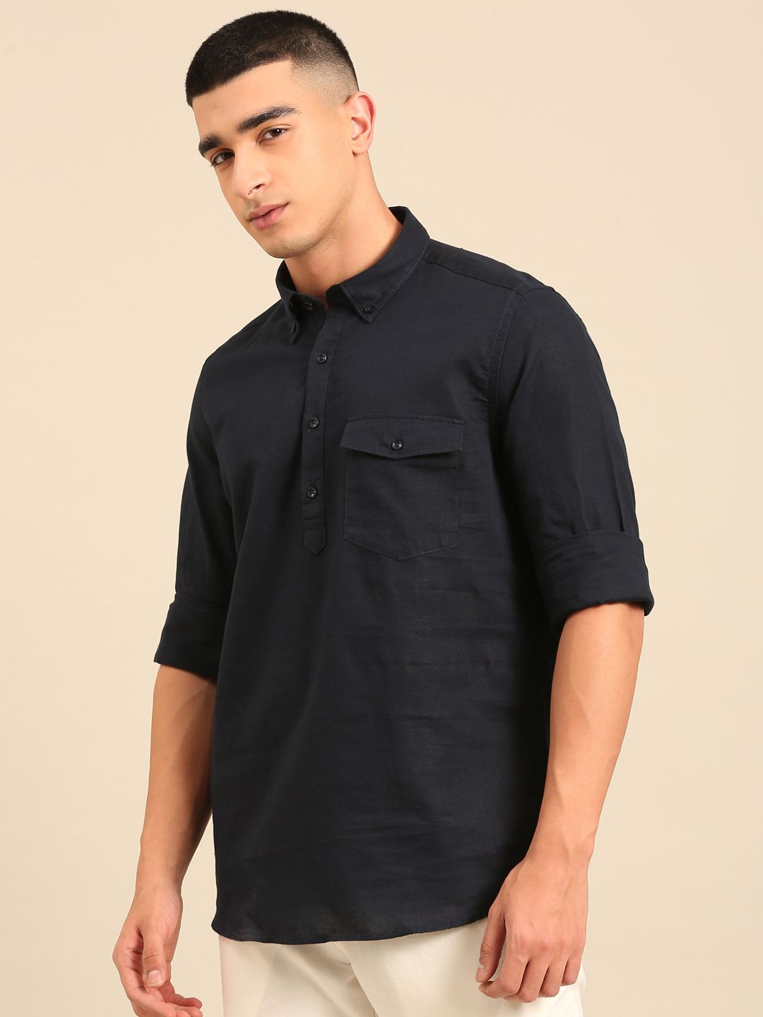 Cavallo by Linen Club Men's Contemporary Fit Linen blend Full Sleeve Solid Shirt CASFSD872O077