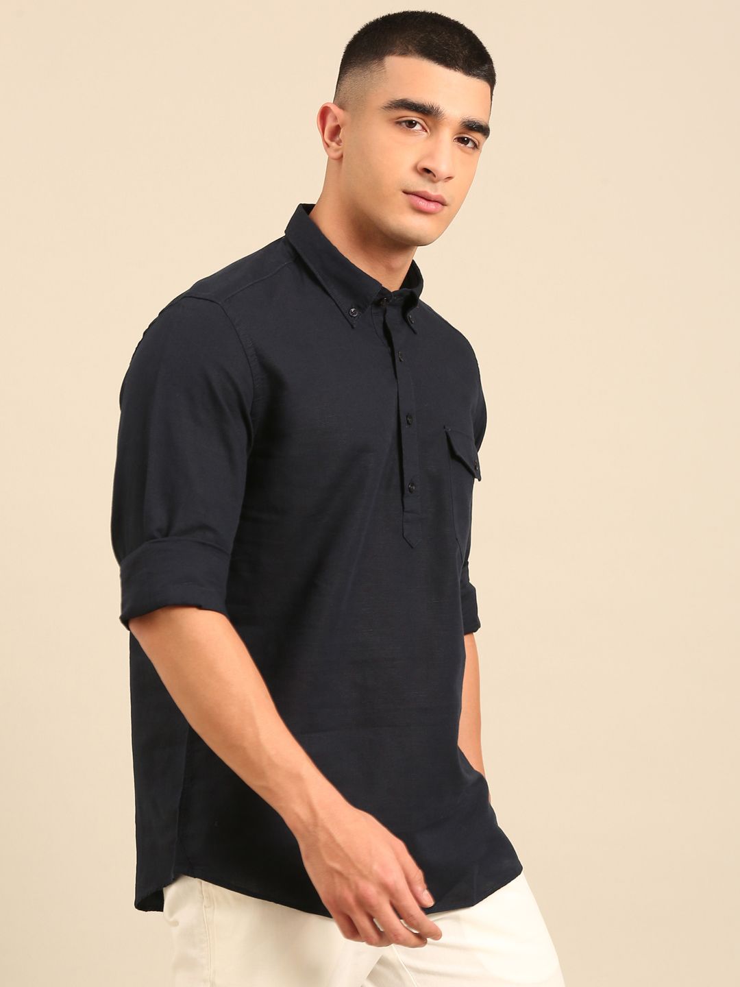 Cavallo by Linen Club Men's Contemporary Fit Linen blend Full Sleeve Solid Shirt CASFSD872O077