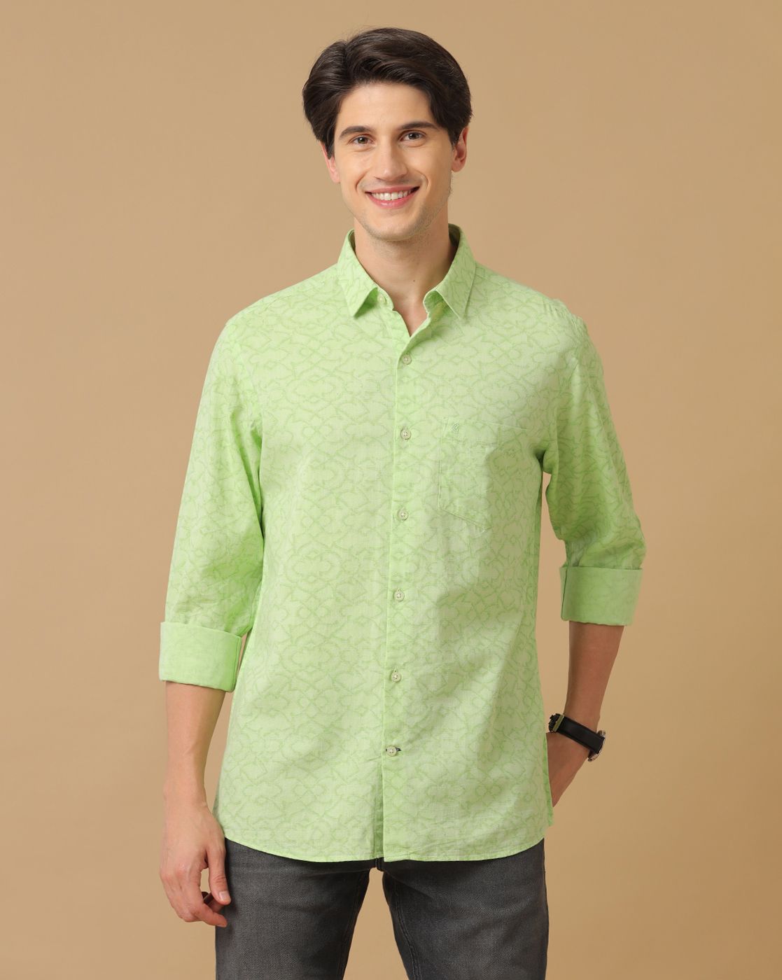 Men's Blended Linen Green Printed Contemporary Fit Full Sleeve Casual Shirt