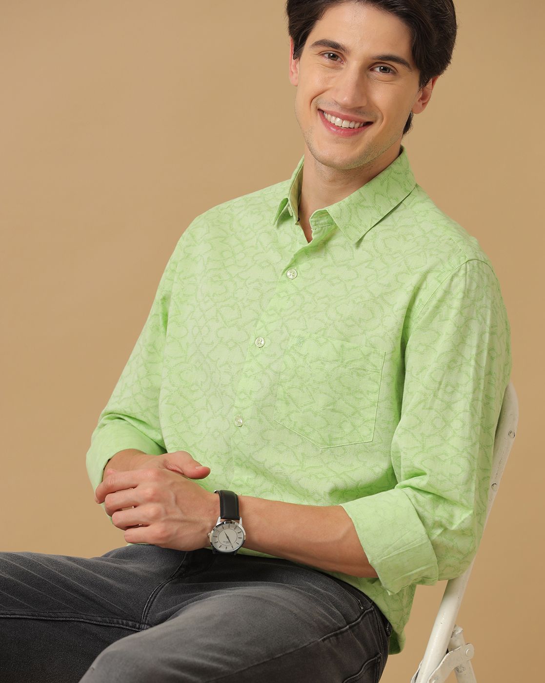 Men's Blended Linen Green Printed Contemporary Fit Full Sleeve Casual Shirt