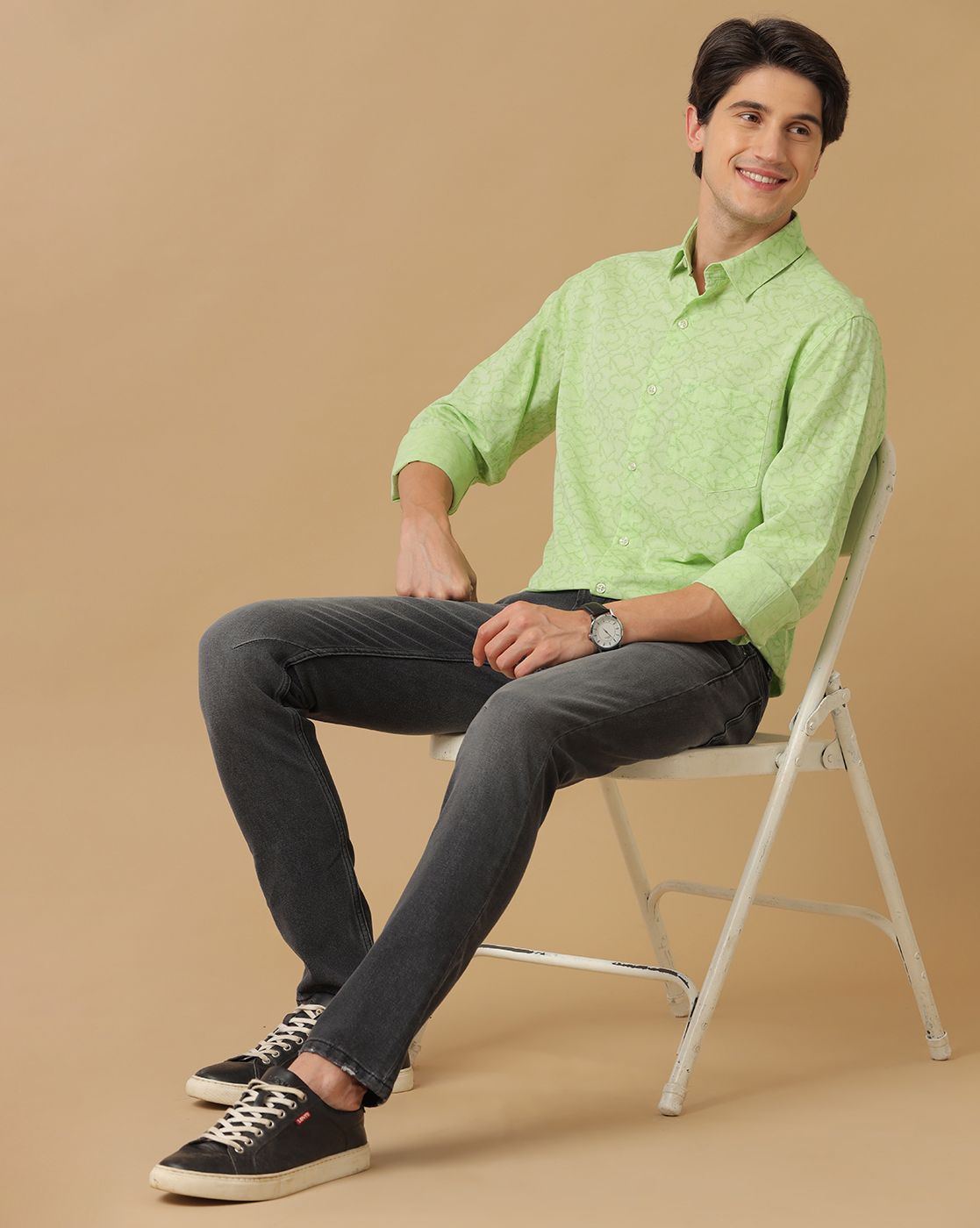 Men's Blended Linen Green Printed Contemporary Fit Full Sleeve Casual Shirt