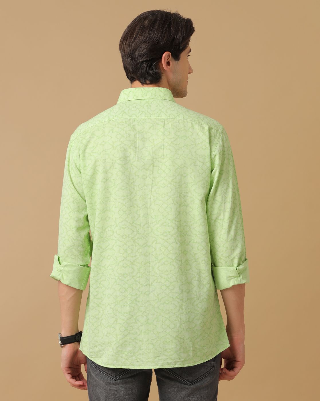 Men's Blended Linen Green Printed Contemporary Fit Full Sleeve Casual Shirt